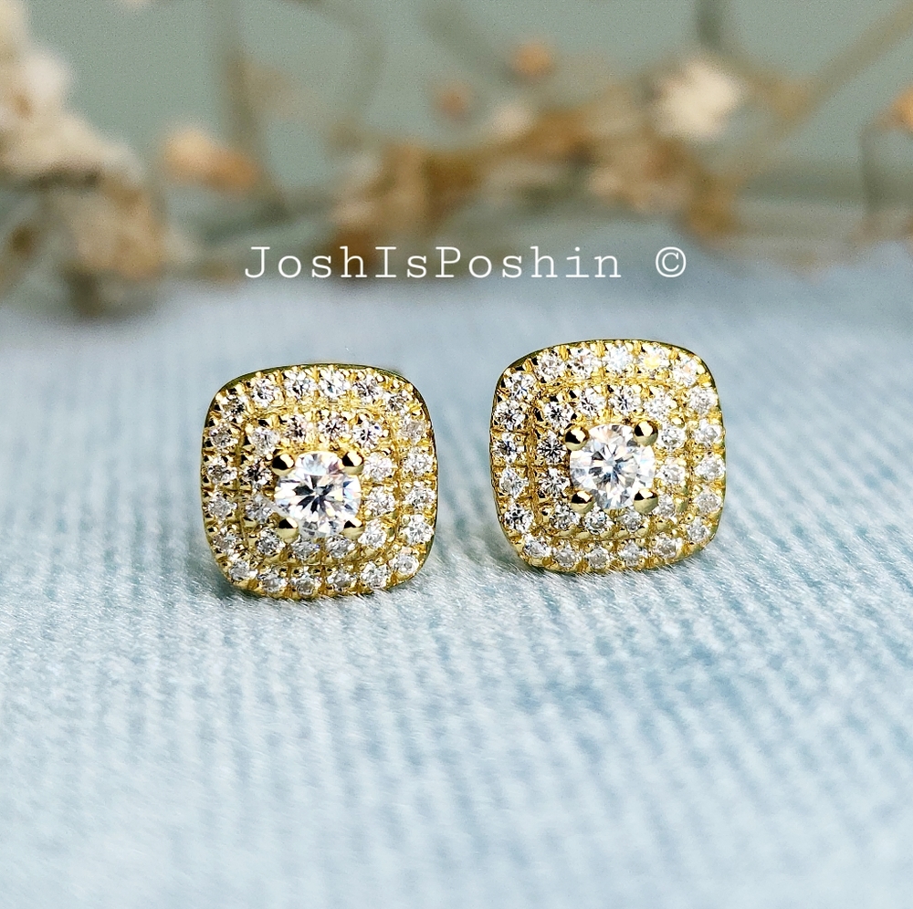 Moissanite square shaped stud earrings in 18K gold over sterling silver